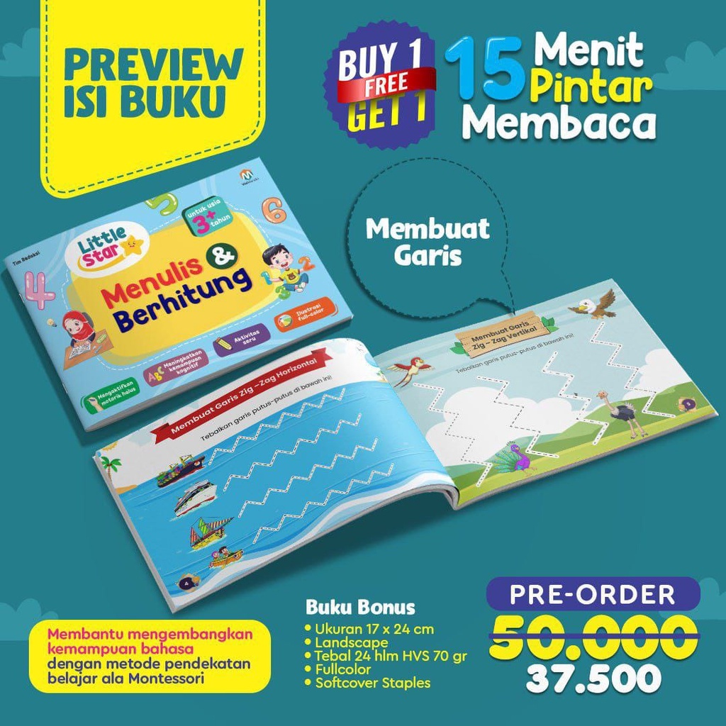 Buku Little Star 15 Menit  Pintar Membaca + Bonus Buku Menulis dan Berhitung