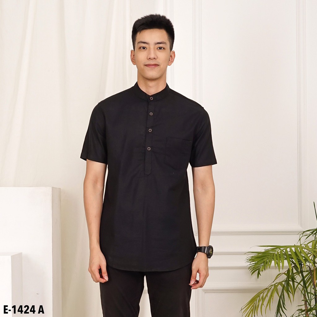 Kemeja pria lengan pendek kerah shanghai | Baju koko lengan pendek | Kemeja koko Hitam
