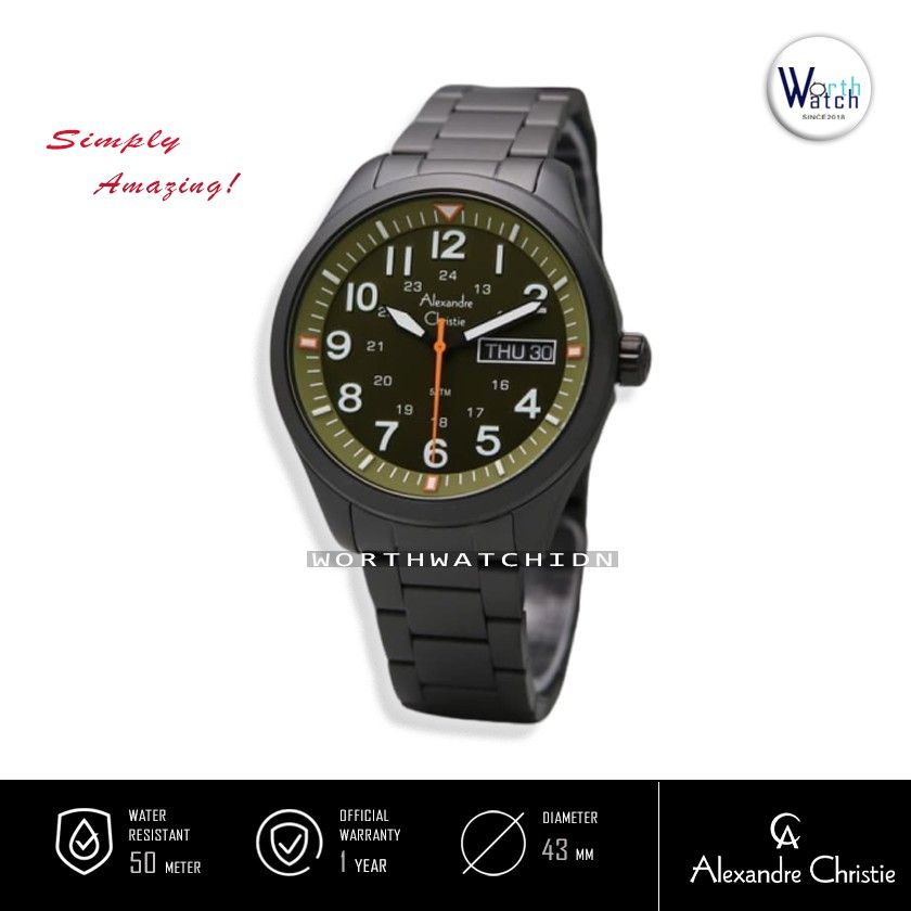 Jam Tangan Pria Alexandre Christie AC6539 AC 6539 Green Dial Black Stainless Steel Original