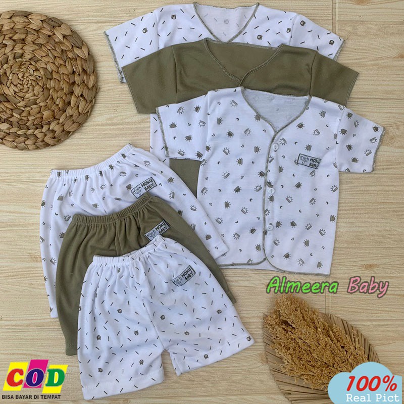 Isi 6 PCS Baju Celana Bayi / 3 Setel Baju Celana Lengan Pendek Usia Bayi Baru Lahir Seri Army Almeera Baby and Kids