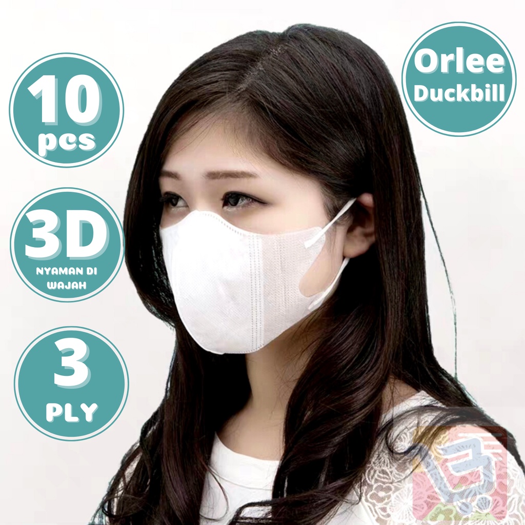 Masker Duckbill 3D Kemenkes Orlee 3 Ply Earloop Medis isi 10 pcs 3ply Putih / Hitam