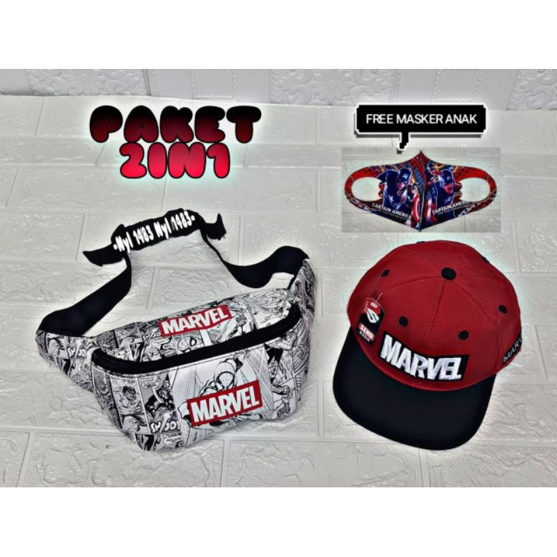 {BISA COD} 2IN1 Tas Waistbag anak SUPERHERO/ free topi anak +masker