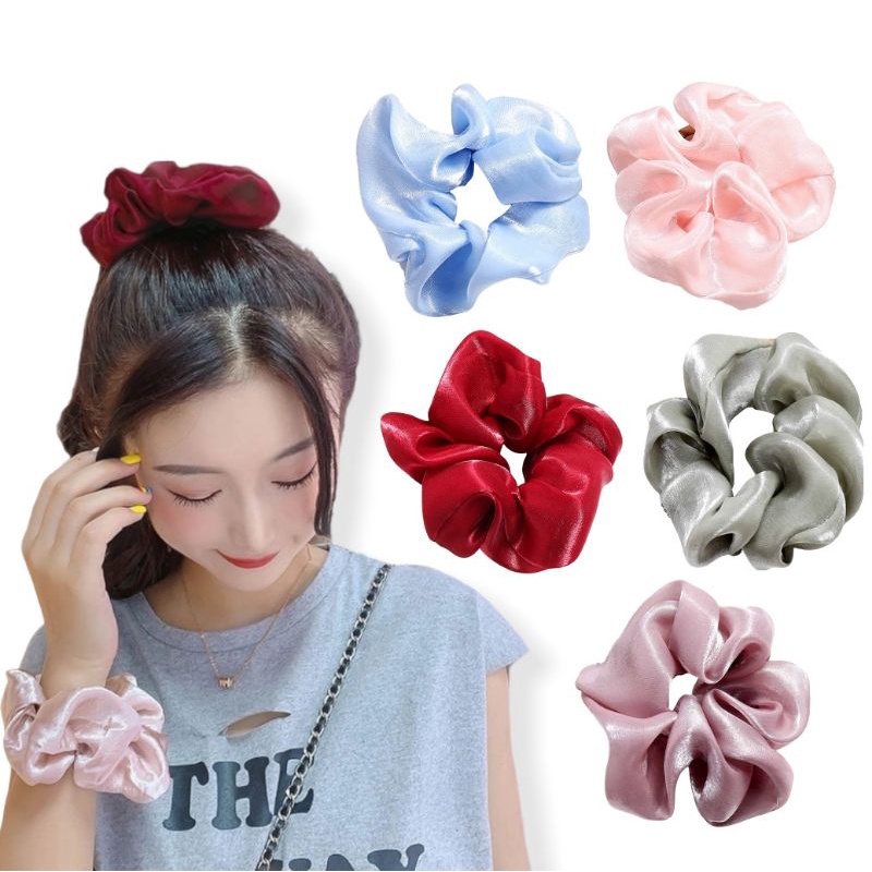 Scrunchie Cepol Rambut Bahan Chiffon Silky Satin Polos Ikat Rambut Kunciran Berkilau