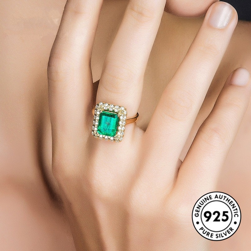 Cincin Sterling Silver 925 Elegan Dengan Emerald Untuk Wanita