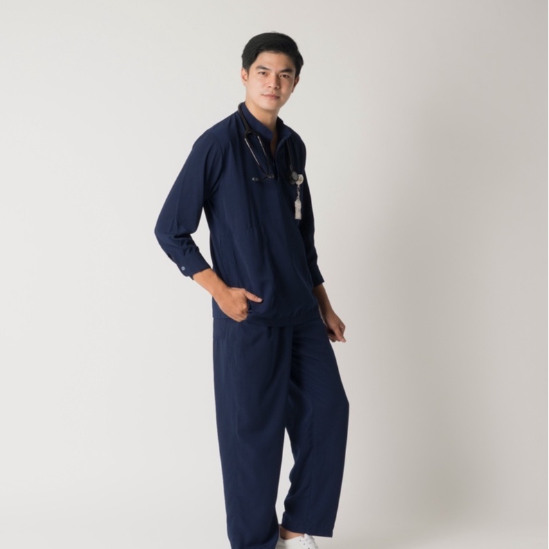 Baju Jaga MANDARIN LS - DARK BLUE Scrubs Theatre Blues First Line Lengan Panjang