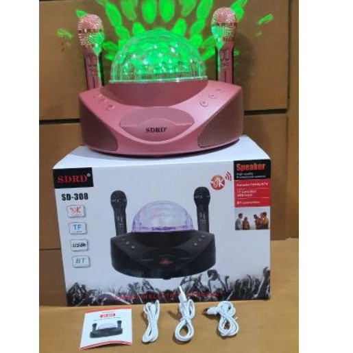 Speaker Bluetooth Portable SDRD SD308 Mic Wireless Karaoke LED SD-308 Lampu Disco + 2 Microphone