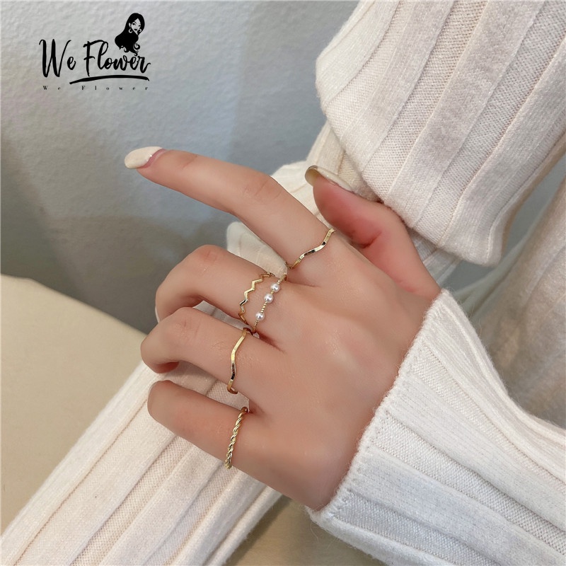 We Flower 5PCs Chic Gold Twisted Pearl Stackable Ring Set for Women Girl Korean Fashion Finger Jewelry