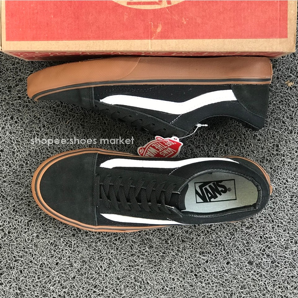 VANS OLDSKOOL BLACK GUM LIST HITAM PUTIH WAFFLE DT