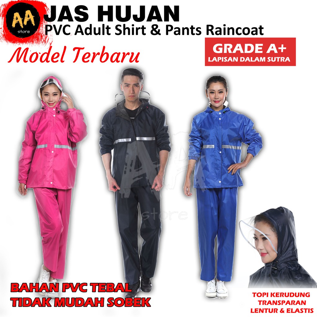 Jas Hujan Setelan/Stelan Baju Celana/Raincoat Pria Wanita PVC Tebal Grade A+