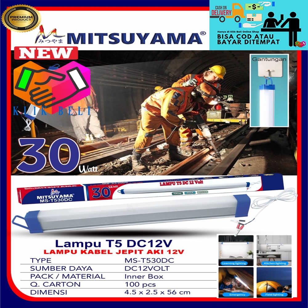 Lampu T5 DC 12V Jepit Aki Baterai LED Bohlam TL SMD Putih Mitsuyama 10W / 15W / 30W