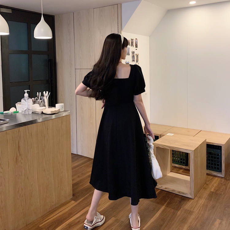 Korea style dress lengan pendek Gaun midi a-line hitam minimalis fashion