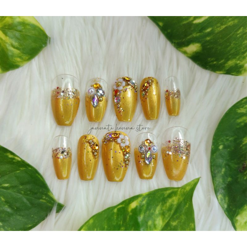 KUKU PALSU GOLD WEDDING NAIL ART PENGANTIN PLUS LEM ISI 10pcs SIAP PAKAI