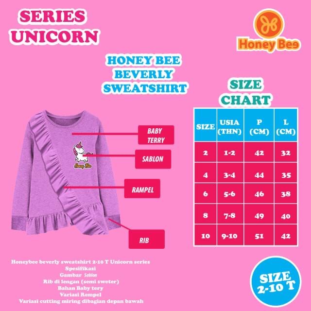 Baju  Beverly Sweatshirt Ruffle Unicorn Series  honey bee (Sweater)  Size 2 4 6 8 10 Tahun honeybee