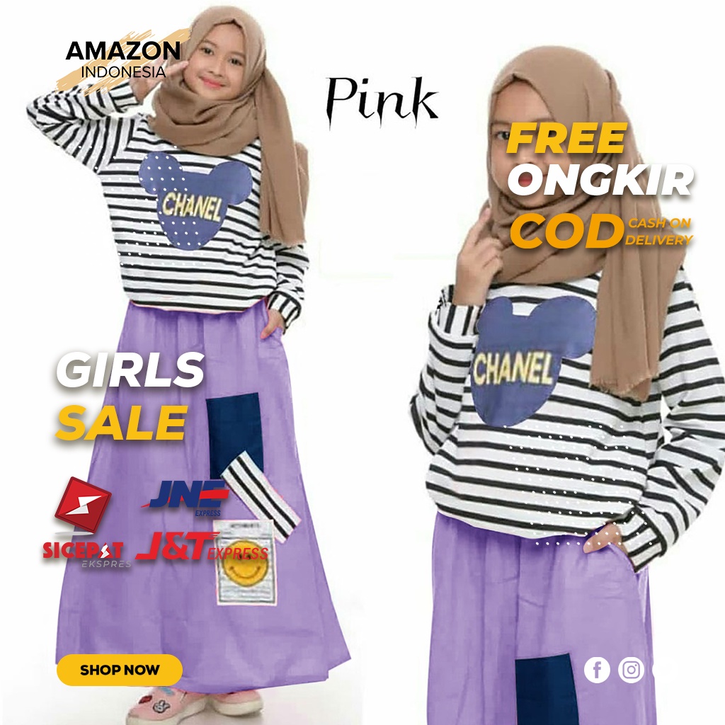 PAKAIAN SETELAN BAJU DAN ROK FASHION ANAK PEREMPUAN WARNA UNGU BAHAN ATASAN SPANDEK SALUR ROK BABYTERRY ORIGINAL