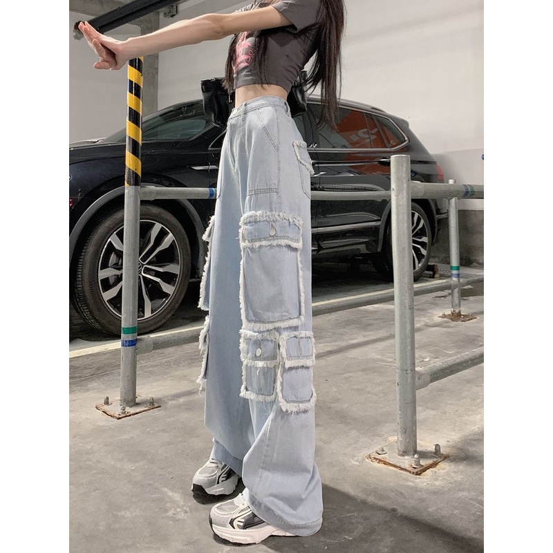 Hip-Hop High Street Raw Edge Jeans Wanita Musim Gugur Manis dan Keren Hot Girl Celana Sembilan Titik Pinggang Tinggi Tipis Longgar Lebar Kaki Overall