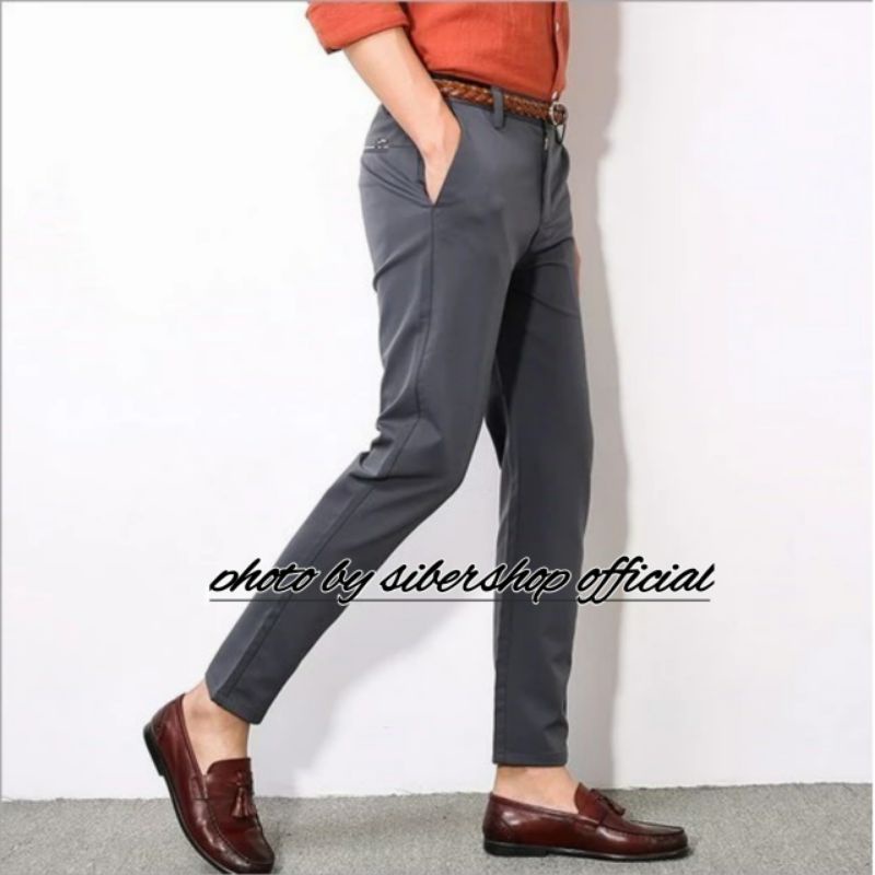 Celana Bahan Formal Kerja Kantor Slimfit Premium Bahan Dasar Abu tua