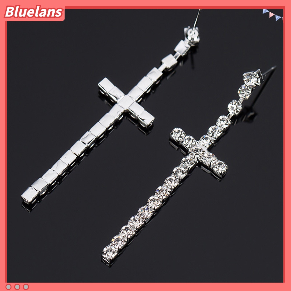 Bluelans Women Rhinestone Cross Pendant Single Double Rows Dangle Eardrop Stud Earrings