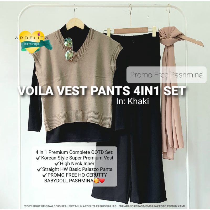 VOILA VEST PANTS 4IN1 SET EARTHY TONE SERIES OOTD CEWEK BUMI OOTD KOREAN STYLE KEKINIAN VIRAL SELEBGRAM OUTFIT WANITA HIJAB TRENDY BAJU BAGUS PREMIUM MURAH PAKET HEMAT LENGKAP BAJU SETELAN ROMPI CELANA GRATIS PASHMINA