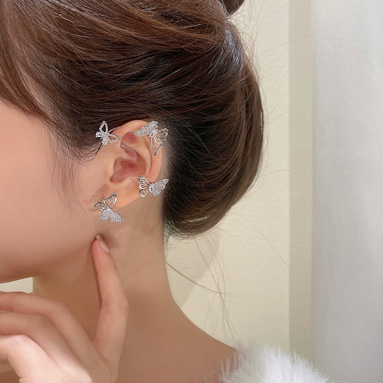 Elegant Crystal Bow Butterfly Clip Earring Korean Gold Silver Ear Clip for Women Accessories Jewelry