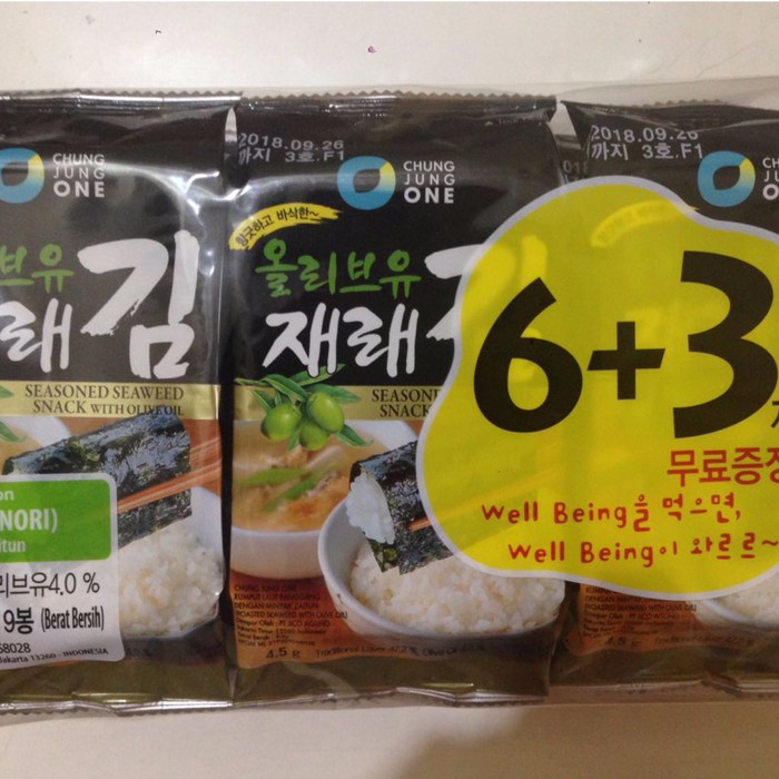 

Chung Jung One Won Seaweed 6+3 Nori Olive Oil Rumput Laut Kering Korea