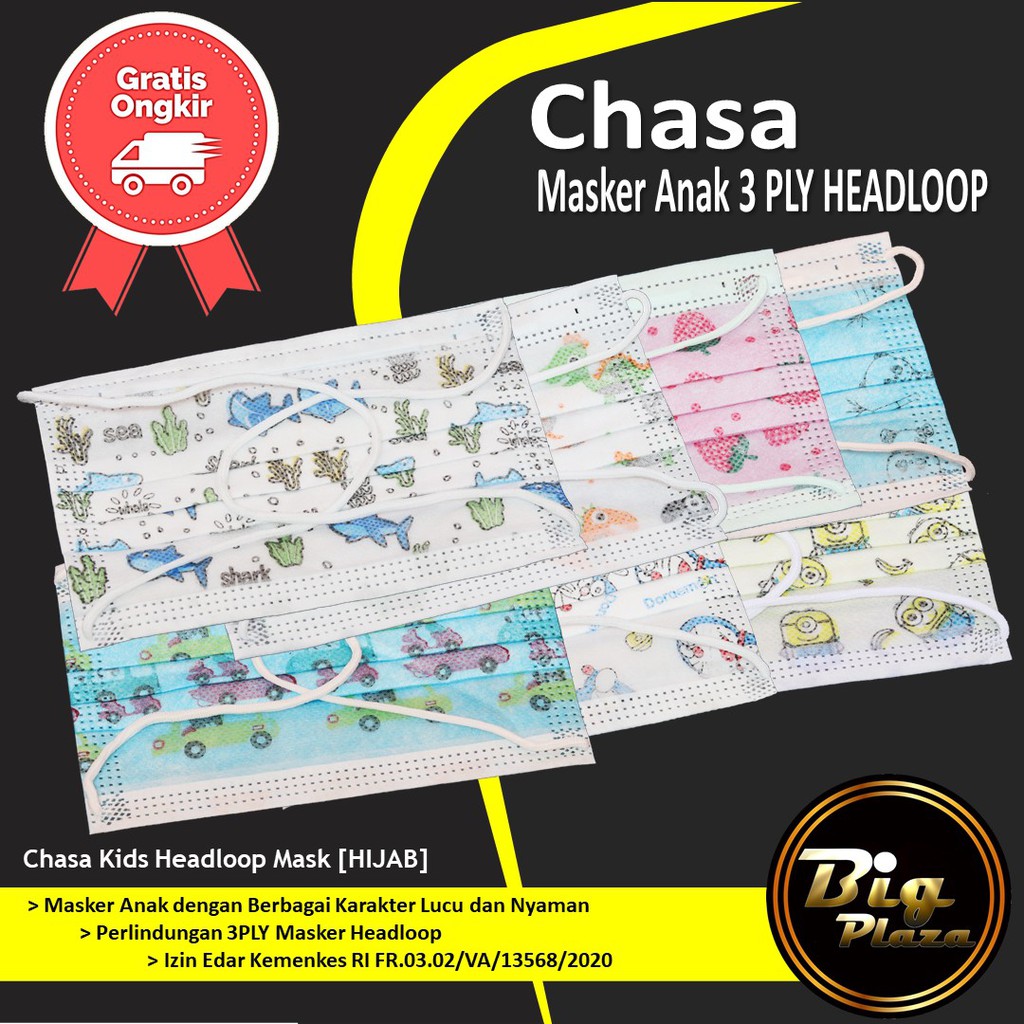 HIJAB Kids Chasa Masker Anak Headloop 3ply isi 50 Pcs 3-14 Tahun - Big Plaza