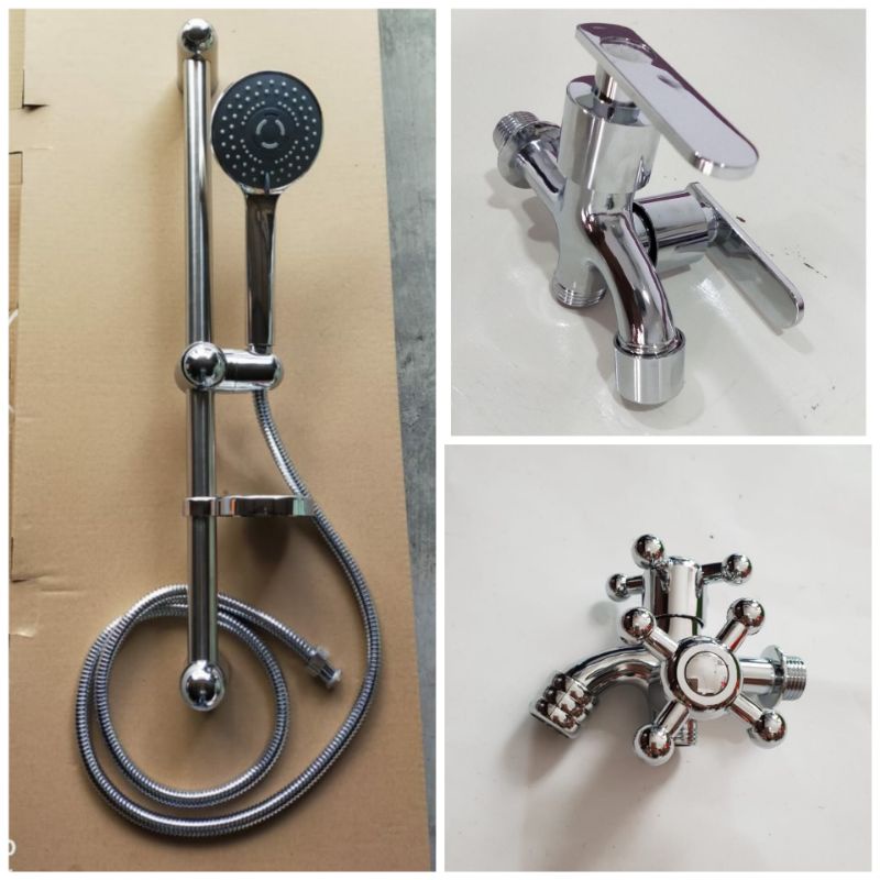 Hand Shower Tiang Standing + Keran Kran Cabang Double 2 Lobang Kamar Mandi Set Komplit Murah