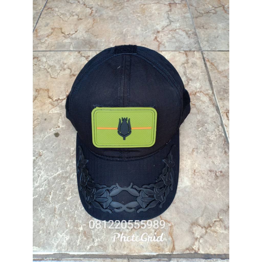 Topi pamen TNI AD hitam free patch rubber melati satu