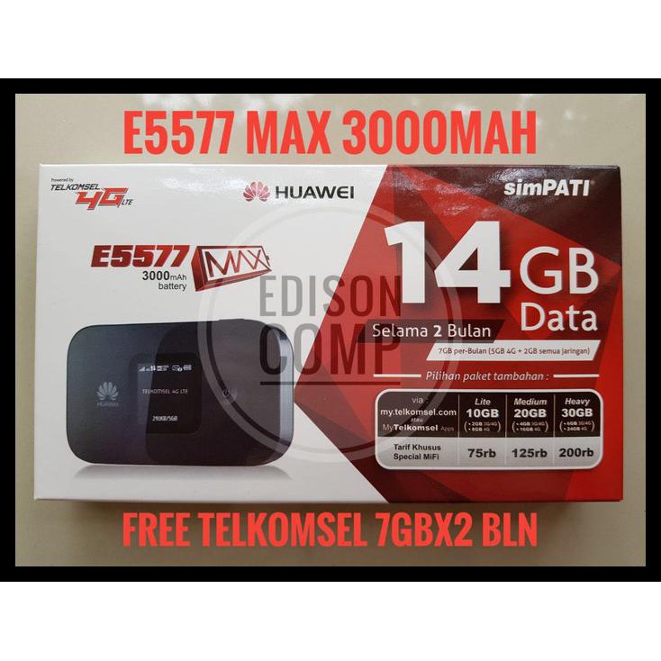 bfop mifi modem wifi router 4g huawei e5577 free telkomsel 14gb 2bln max - hitam cvki