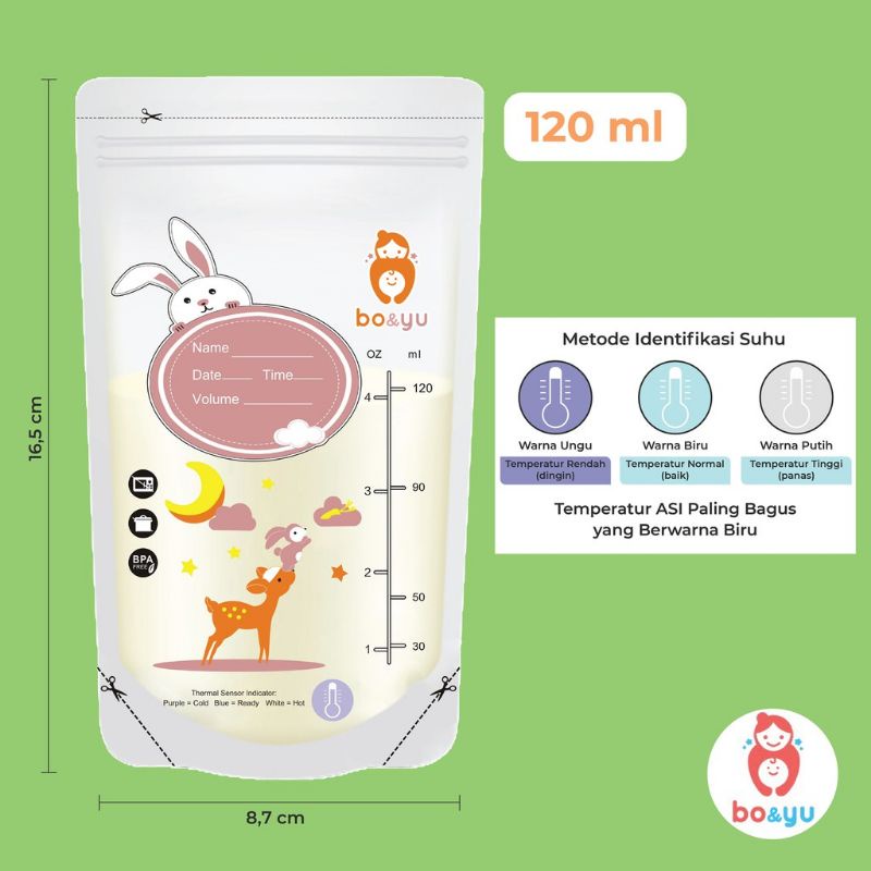 Kantong ASI 120ml 30pcs Bo&amp;yu Breastmilk Storage Bag BPA FREE Plastik ASI Kantong Asip Air Susu Ibu Kantong ASI Polos Dengan Thermal Sensor