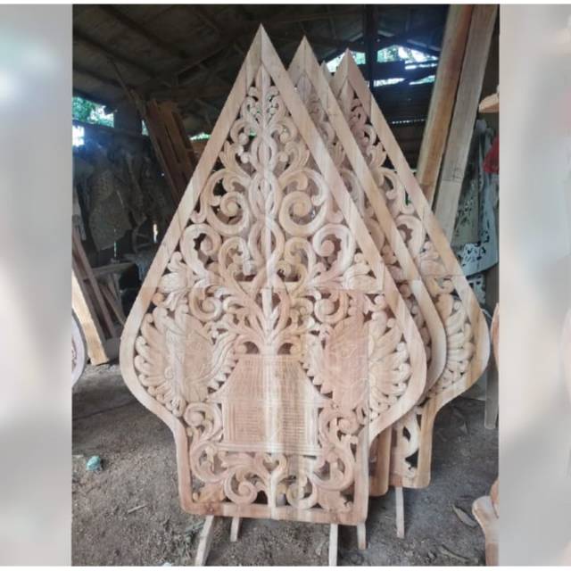 Gunungan Wayang Ukir MENTAH Kayu Jawa Dekor Pelaminan Pernikahan Barokah Furniture Jepara