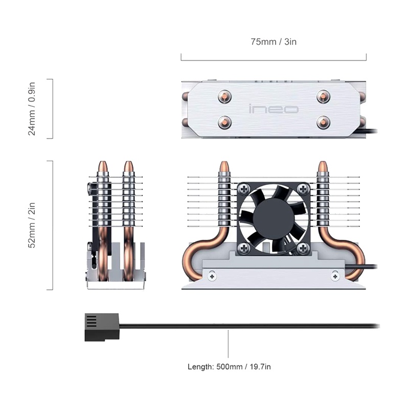 Ineo M.2 2280 SSD Rocket Heatsink Built-in Cooling Fan,with 4 Pure Cooper Heatpipes and 30mm RPM Fan