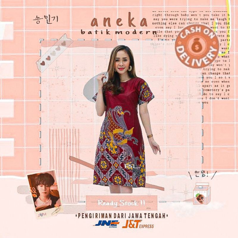 TUNIK DRESS BATIK WANITA CEWEK WARNA MERAH MAROON KOMBINASI KUNING KONDANGAN FORMAL