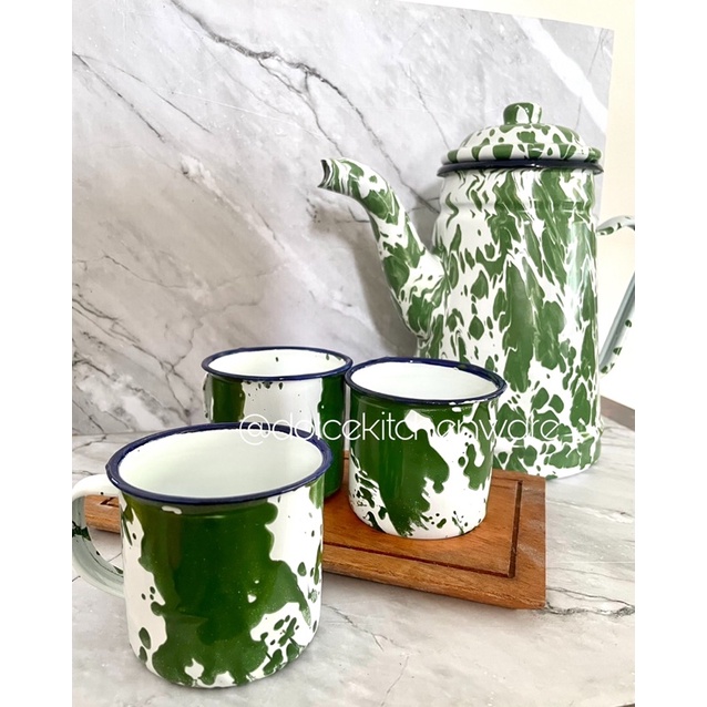 Set Teko Eskan 13 cm dan 3 pcs Cangkir Seng Lurik 7 cm Jadul