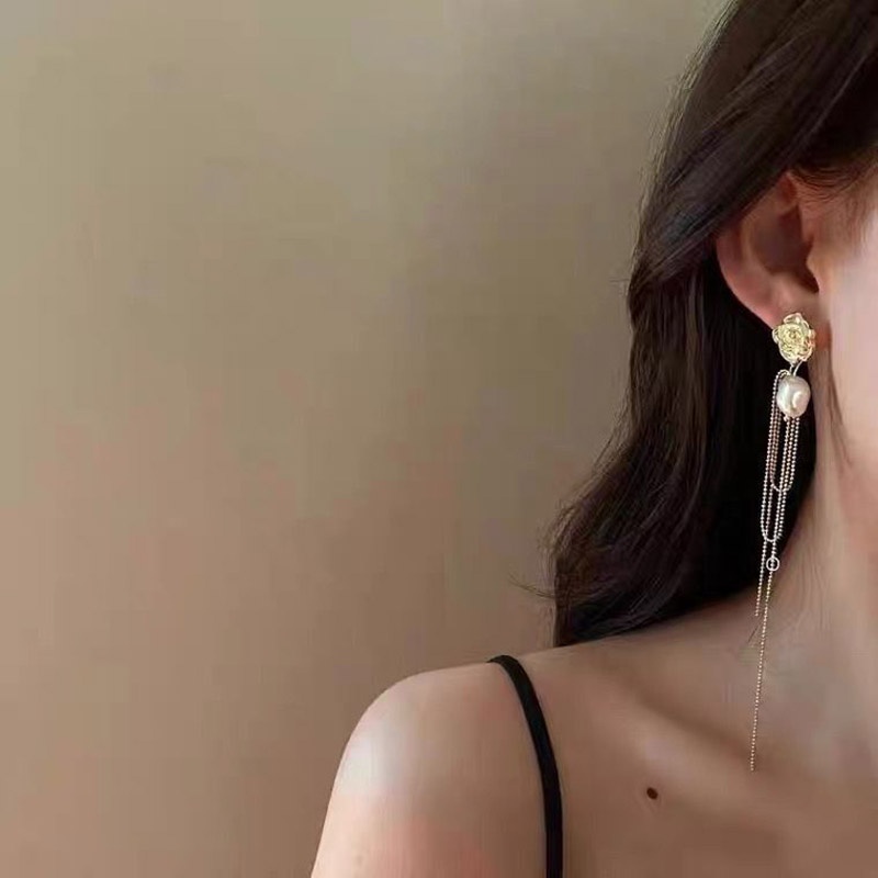 Anting Tusuk Gantung Bahan Sterling Silver 925 Desain Bungarumbaimutiara Gaya Perancisvintage Untuk Wanita