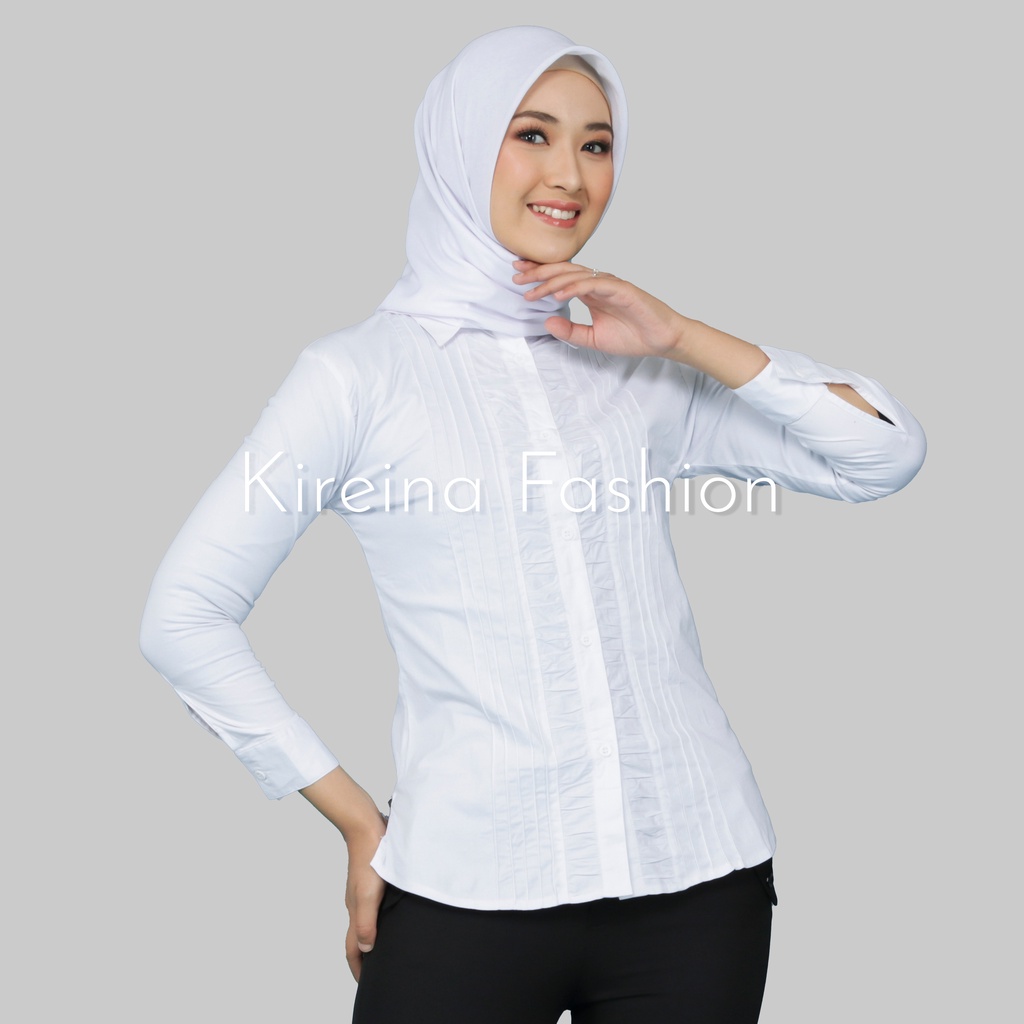 Kemeja Putih Wanita Rempel Panjang Bahan Katun Stretch Melar | Kireina Fashion