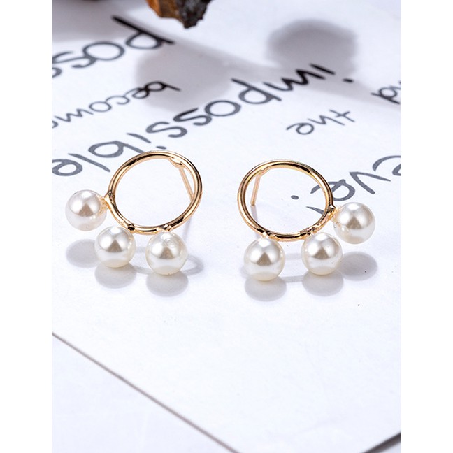 LRC Anting Tusuk Fashion Gold Color Pearls Decorated Circular Ring Earrings F21983