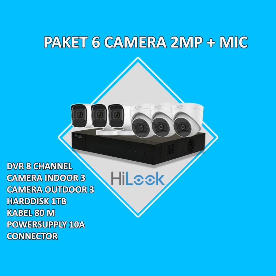 PAKET CCTV HILOOK 2MP AUDIO 6 KAMERA HDD 1TB SIAP PASANG