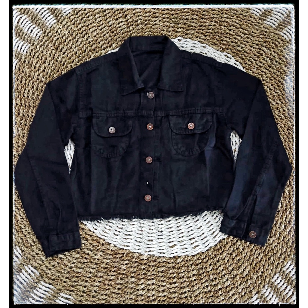 Jaket Jeans Crop Hitam Pekat / Jaket Jeans Pocket Rawis Hitam L / XL / XXL