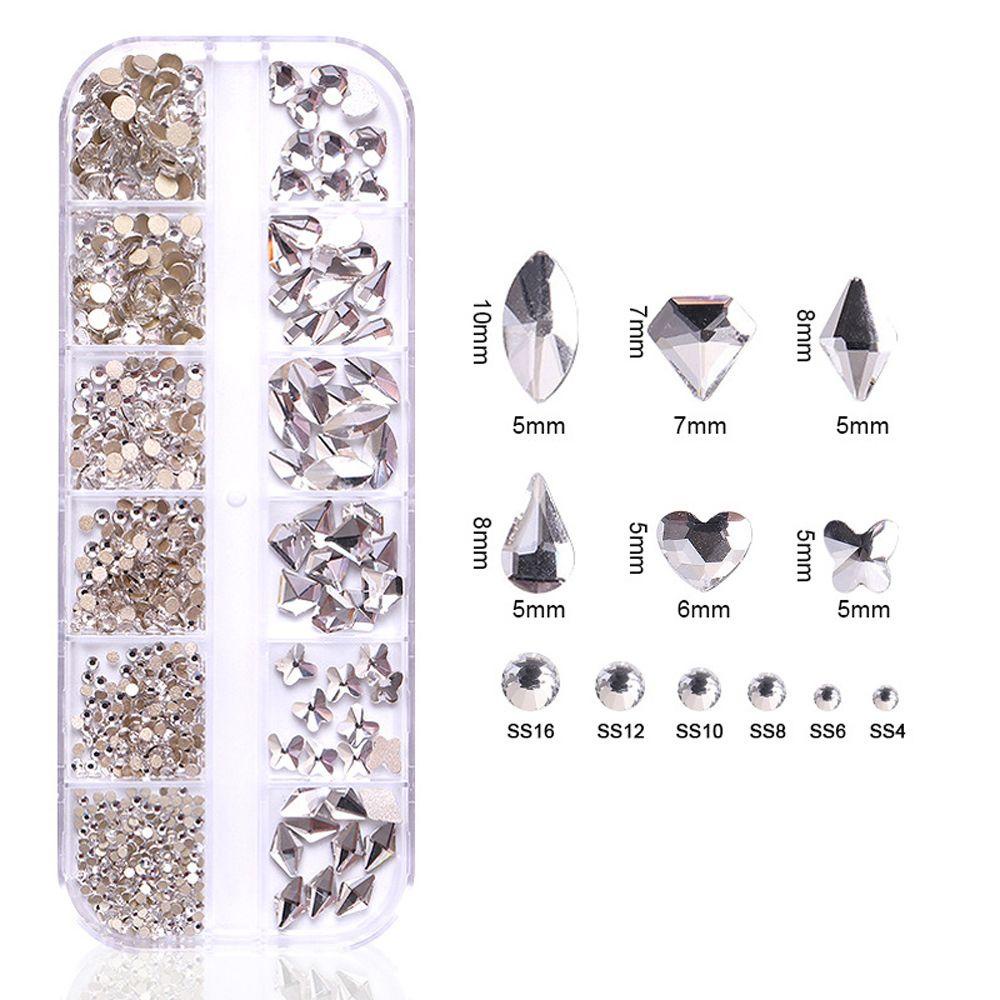 Agustina Nail Art Dekorasi Merah 12grid/kotak Biru 3D Warna-Warni Bor Kuku DIY Shiny Glitter Perhiasan Bulat Manik-Manik Flatback Berlian Imitasi