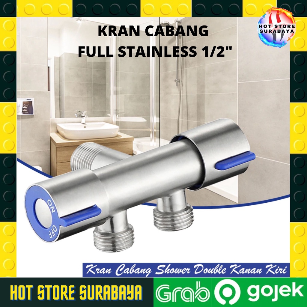 Kran Shower Double Stop Kran Cabang Kanan Kiri Dua Stop Kran Cabang 2 On Off shower mandi/Wastafel/kloset Full Stainless Steel Termurah Shower Toilet/Wc Plus Kran air cabang Kran Shower KERAN MESIN CUCI CABANG KRAN AIR SHOWER STAINLESS SUS 304