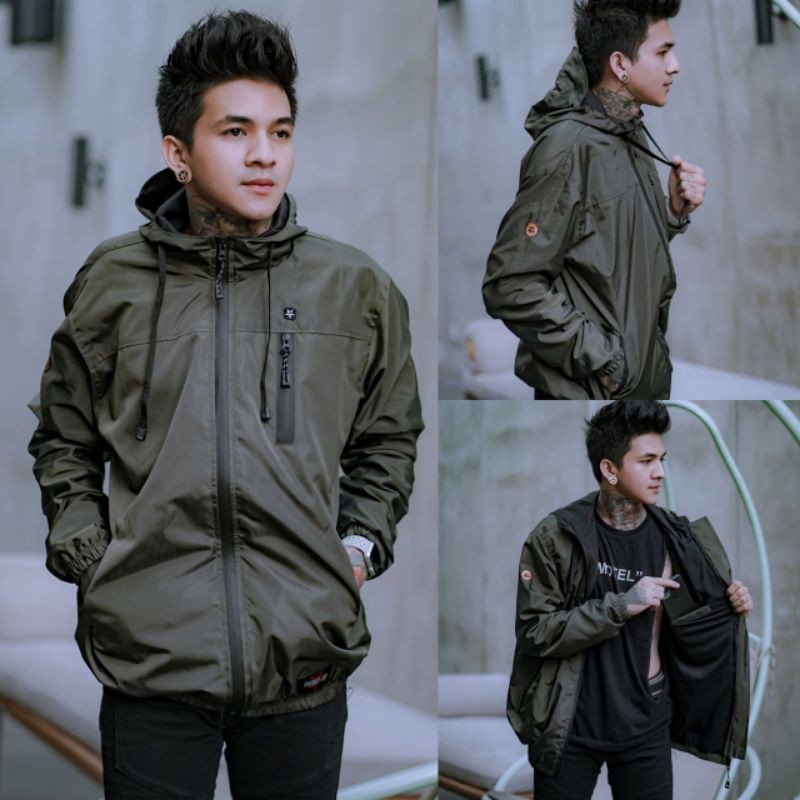 jaket cowok parasut pria waterproof hoodie anti air outdoor