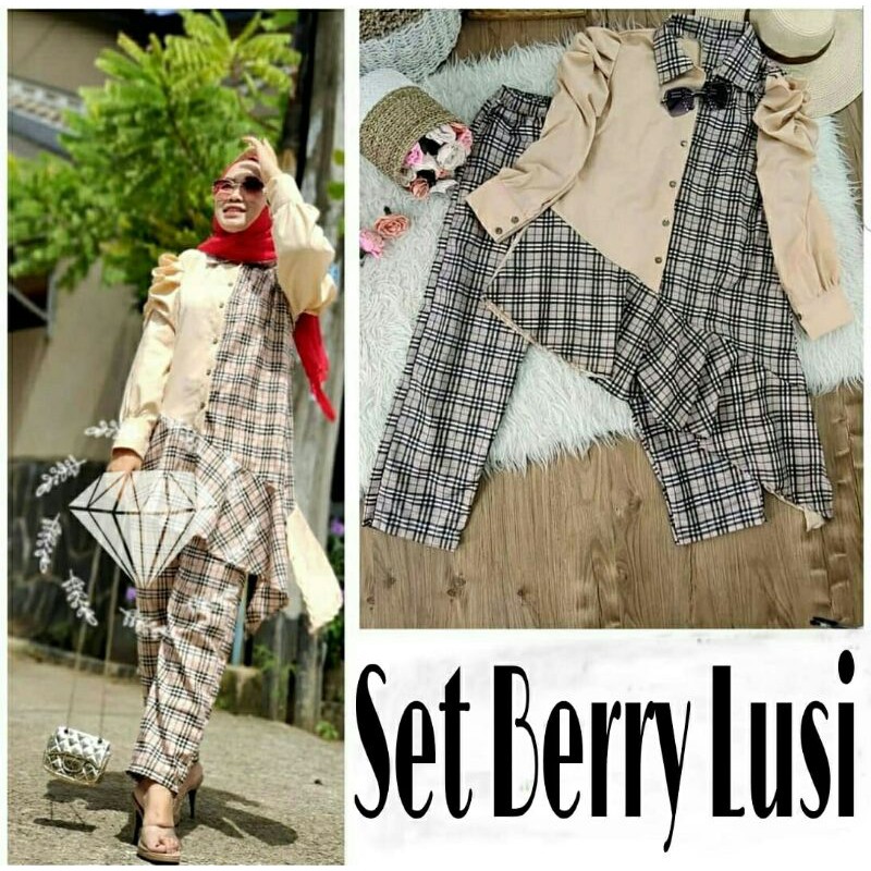 ST Set Stelan Atasan Tunik Celana Moscrepe Katun Burberry Berry Lusi