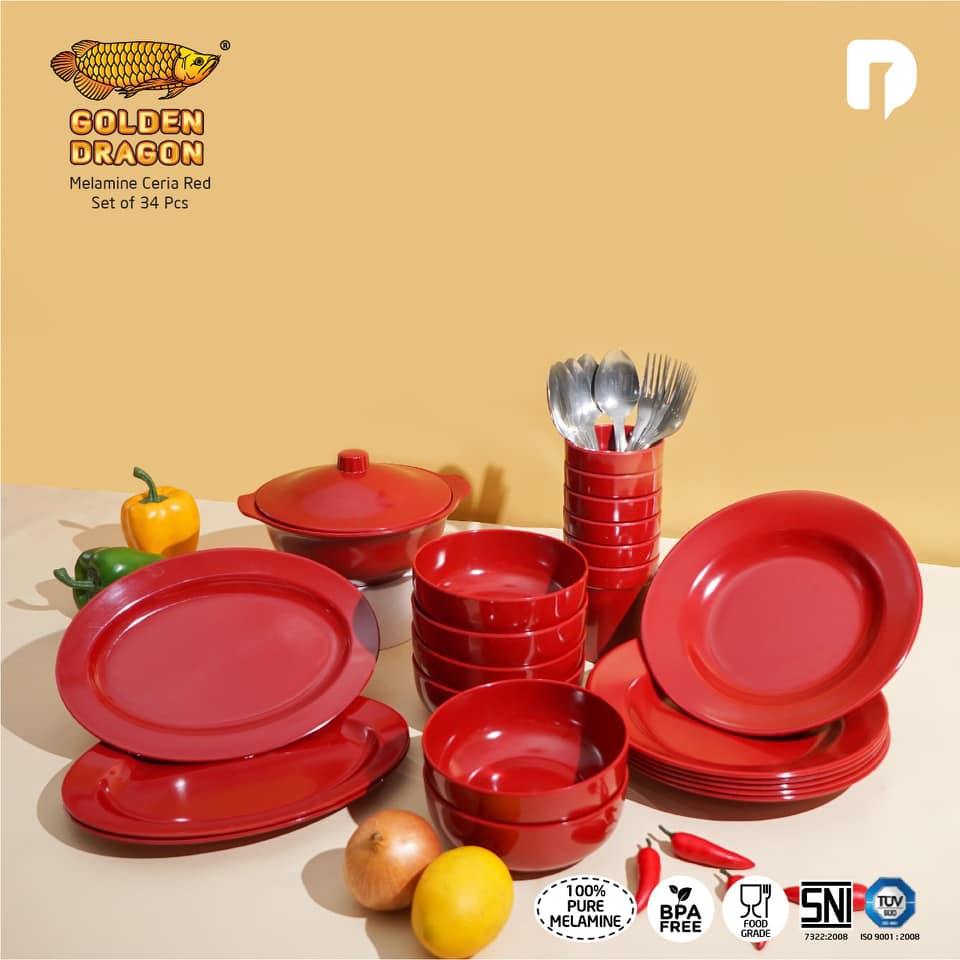 Piring Mangkuk Gelas Dinner Set Golden Dragon Melamine Ceria Kuning Merah Pink Set Of 34 Pcs