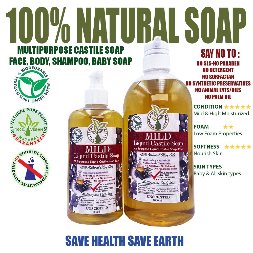 NatureRaw Organic - Mild Liquid Castile Soap Base - Sabun Tradisional Alami Cair Minyak Zaitun