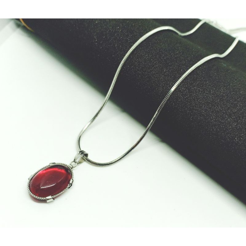 Kalung Pria Wanita Liontin Batu Merah Siam Titanium 316L