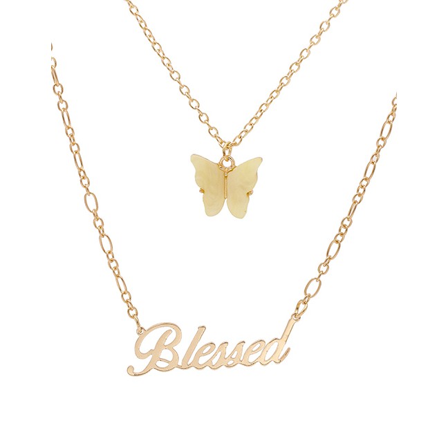 LRC Kalung Wanita Fashion Butterfly Letter Resin Alloy Multilayer Necklace K43611