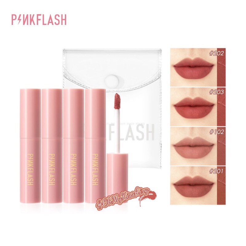 PINKFLASH  4Pcs Makeup Set Liquid Lipstick Set OhMyKissAiry Matte  Lip Tint With 1 Waterproof PVC Lipstick Bag