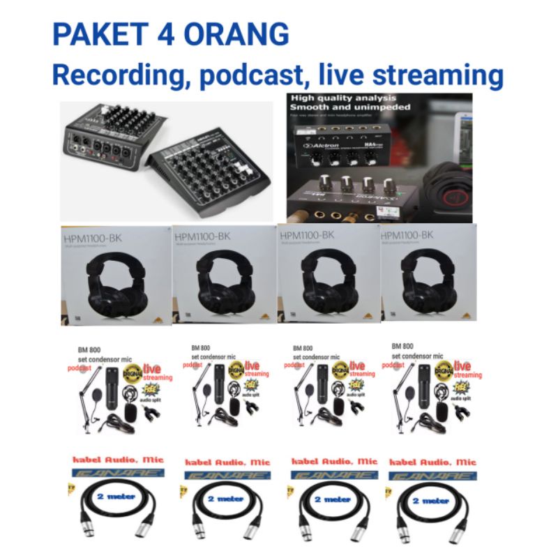 Recording, live streaming, podcast, mixer hardwell,mic BM 800, headphone behringer, PAKET 4 ORANG