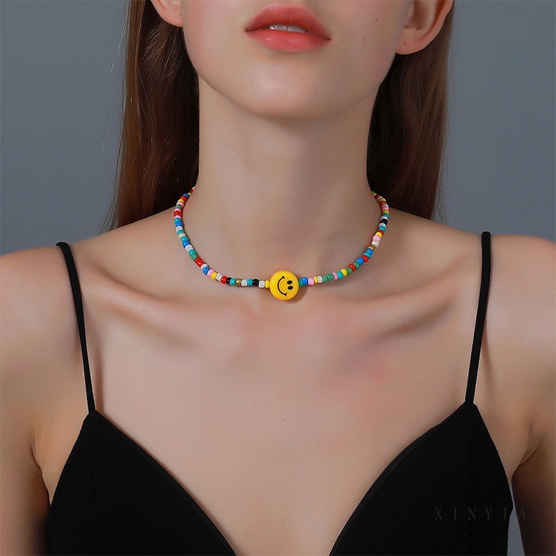 Fashion Smile Retro Bohemian Short Colorful Rice Beads Popular Necklace Ladies Accessories