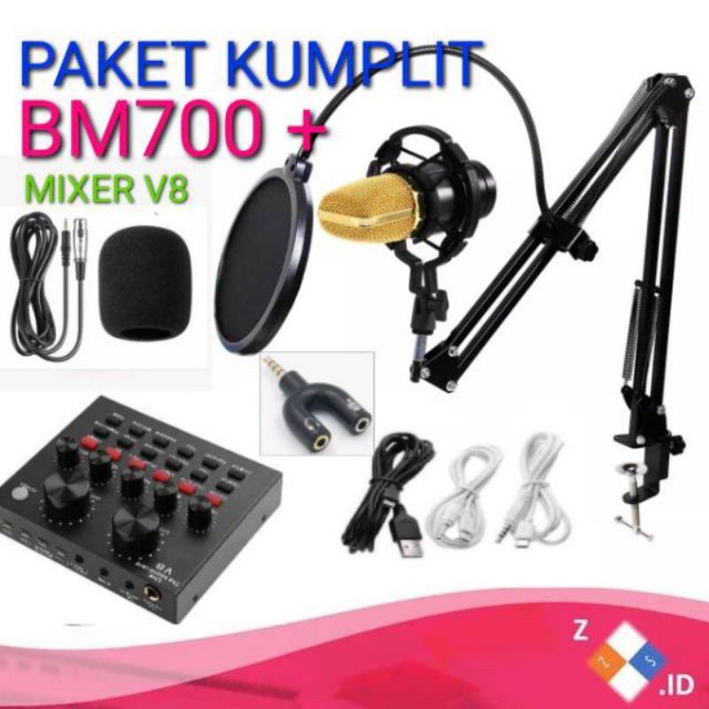 PAKET LENGKAP MIC BM700 STAND Microphone BM 700 SOUNDCARD MIXER V8 v8s v8 plus